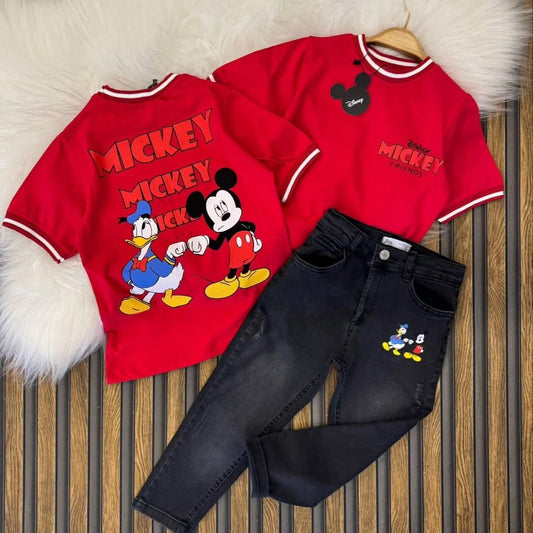 Boys ZARA Mickey Mouse Denim Pants & Orange T-Shirt Set