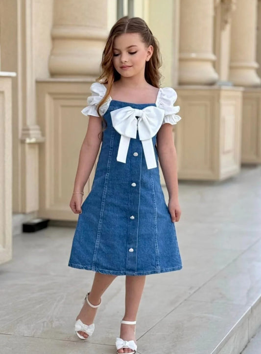 Elegant Denim & White Bow Dress for Girls