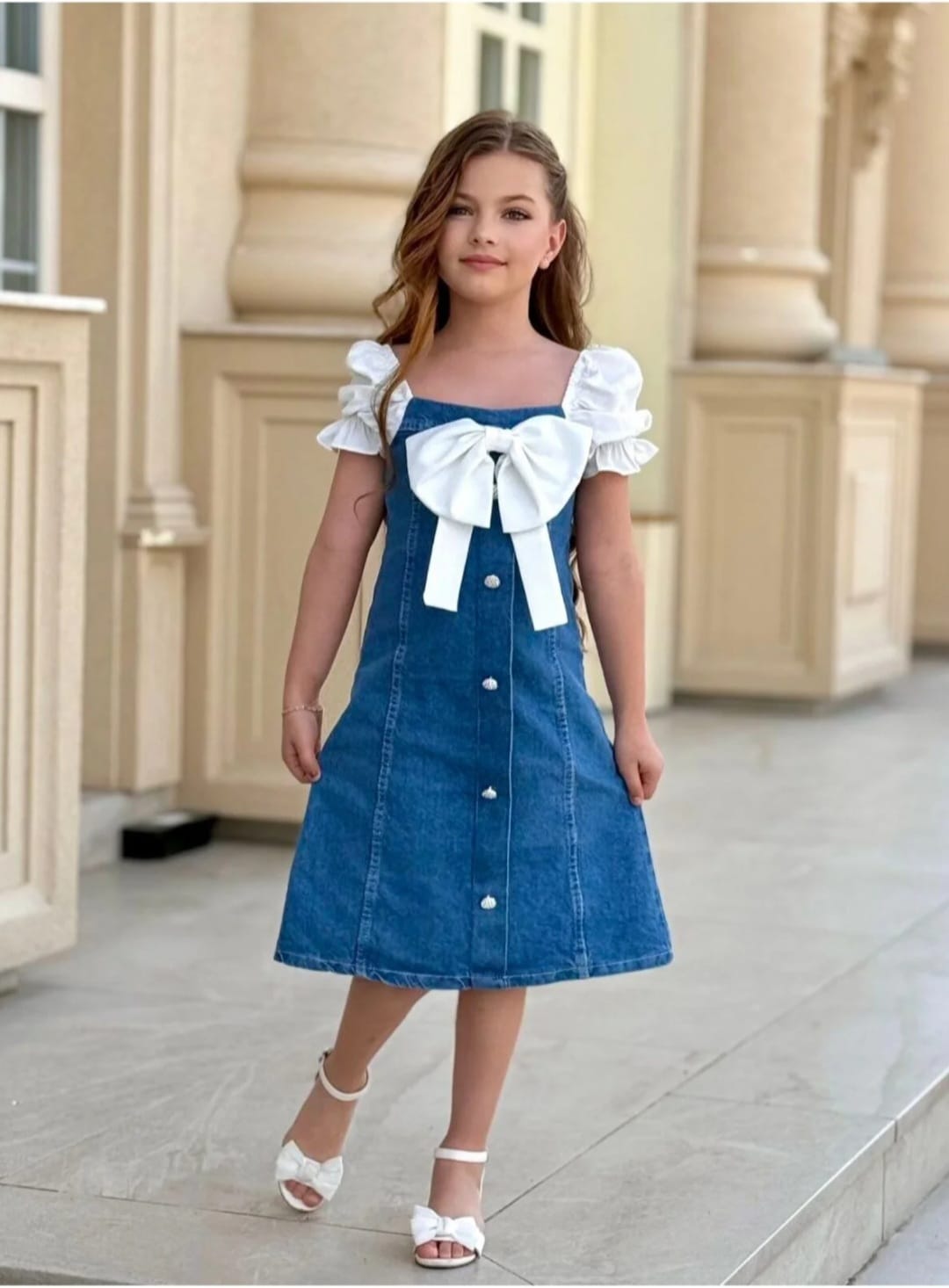 Elegant Denim & White Bow Dress for Girls