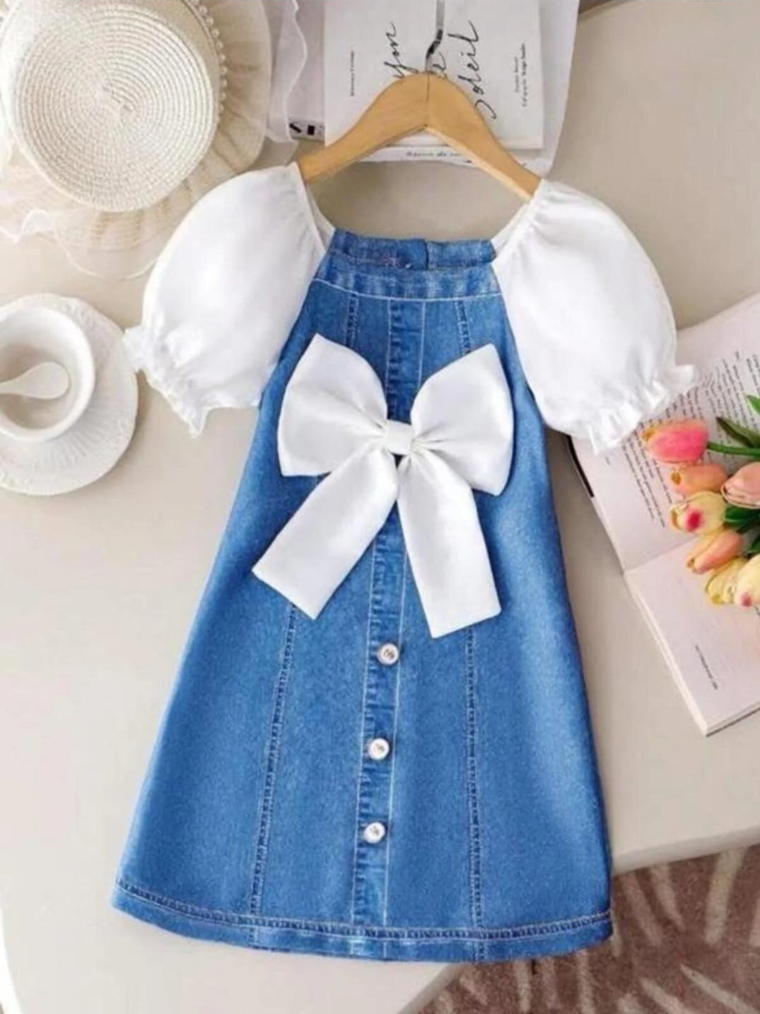 Elegant Denim & White Bow Dress for Girls