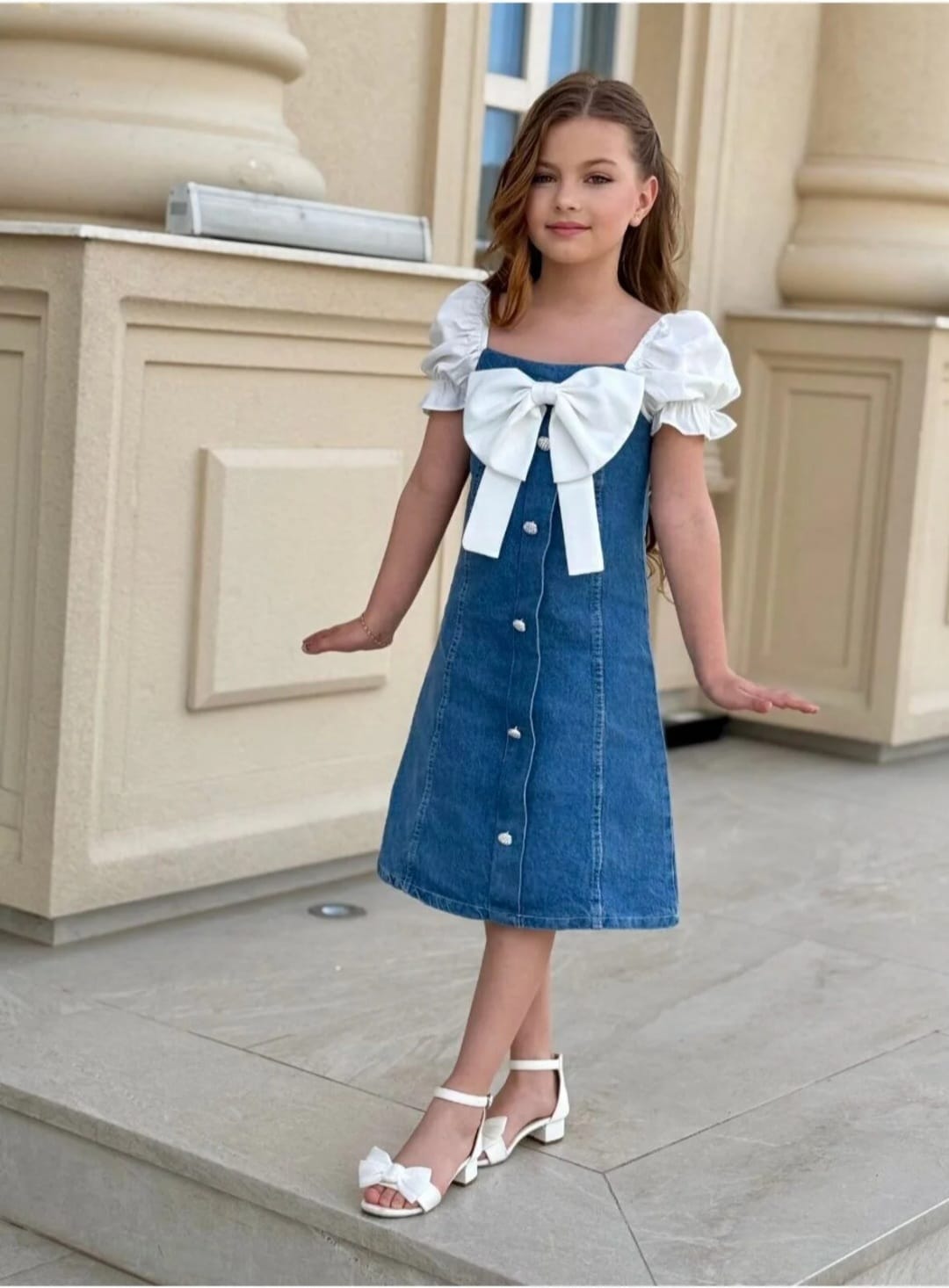 Elegant Denim & White Bow Dress for Girls