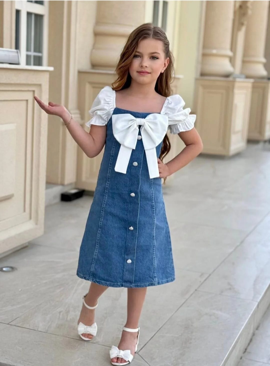 Elegant Denim & White Bow Dress for Girls