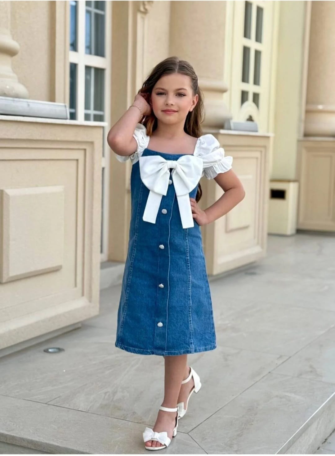 Elegant Denim & White Bow Dress for Girls