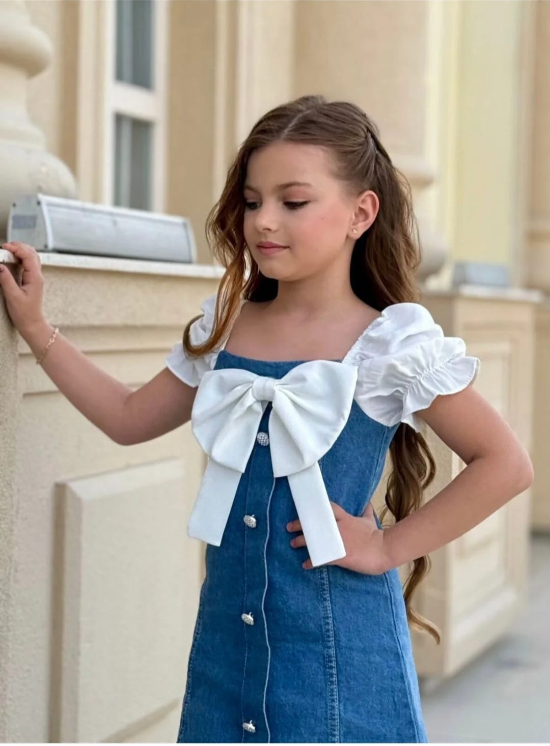 Elegant Denim & White Bow Dress for Girls