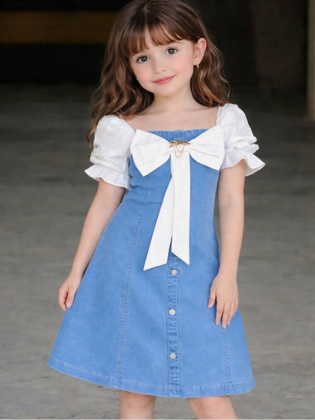 Elegant Denim & White Bow Dress for Girls