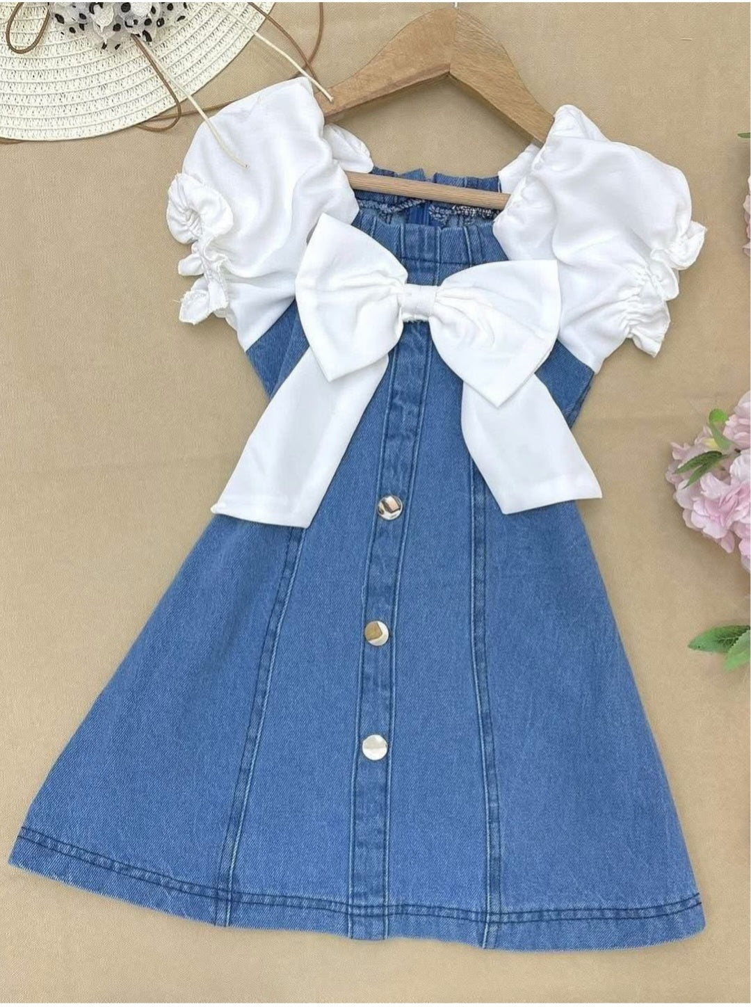 Elegant Denim & White Bow Dress for Girls