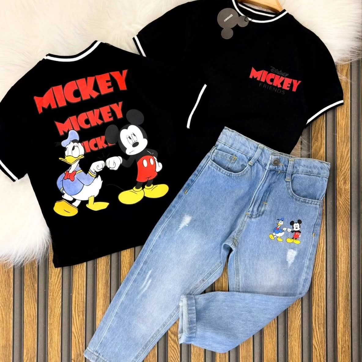 Boys ZARA Mickey Mouse Denim Pants & Orange T-Shirt Set