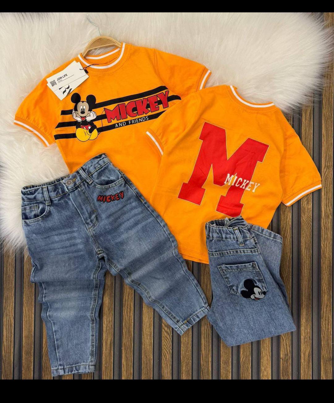Boys ZARA Mickey Mouse Denim Pants & Orange T-Shirt Set