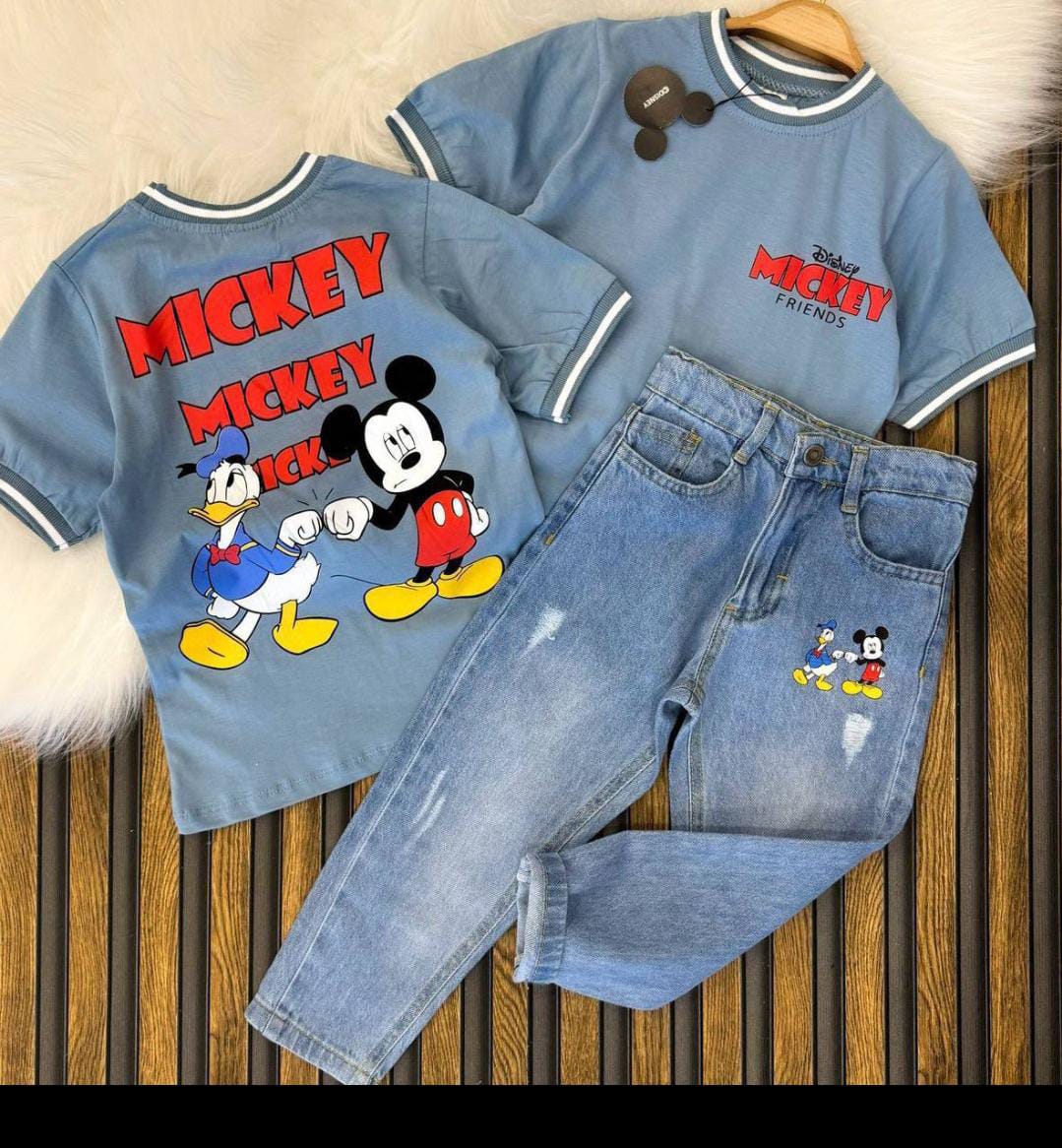 Boys ZARA Mickey Mouse Denim Pants & Orange T-Shirt Set